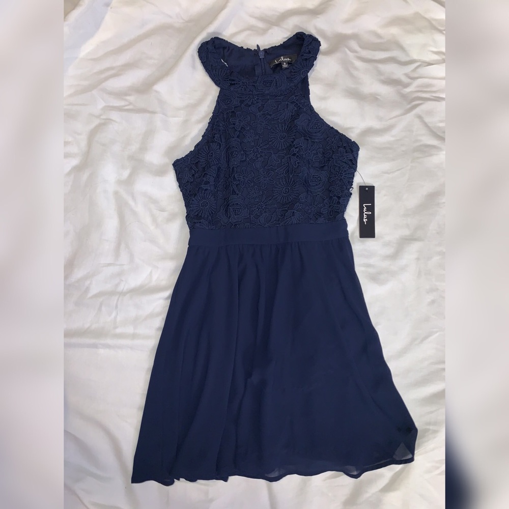 Navy blue lace skater dress, sleeveless, chiffon
